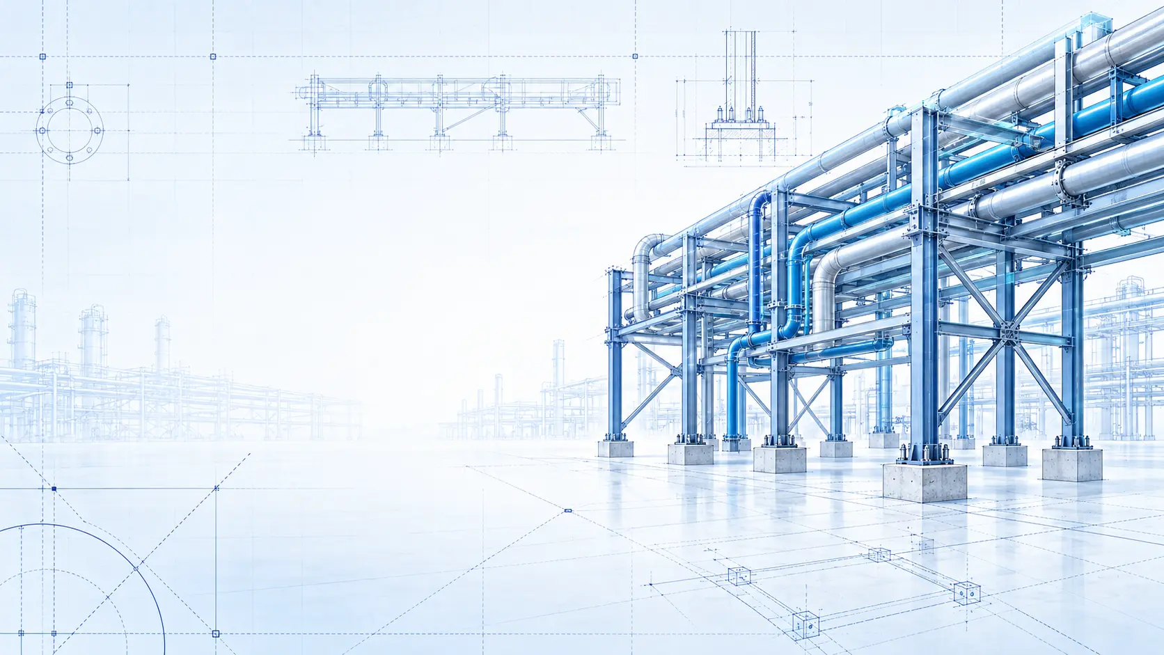 Industrial steel pipe rack and engineering blueprint