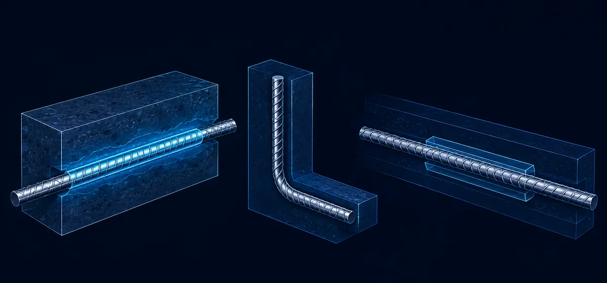 Reinforcement development, lap splice and hook detailing illustration