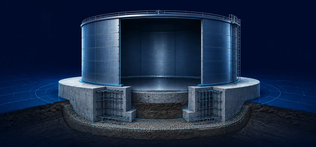 Industrial storage tank supported on a concrete ring-wall foundation